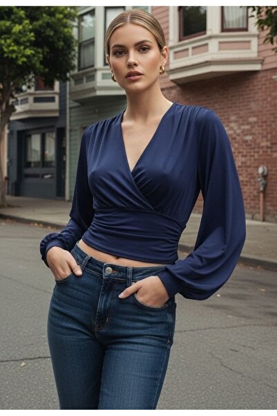 SİA LESS Balloon Sleeve Low-Cut Belted Short Waist Top Lycra Gathered Sandy F...