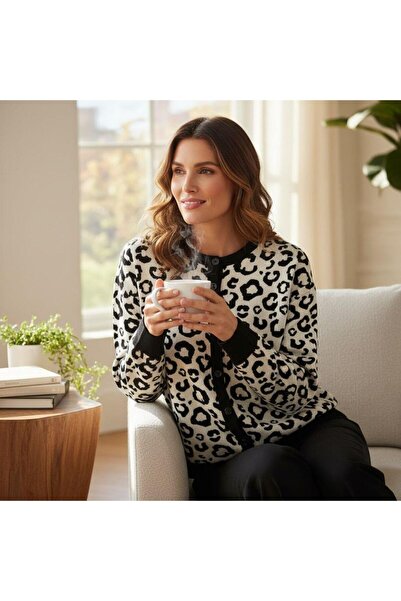 EREN STYLE Long Sleeve Leopard Print Quality Wool Cardigan