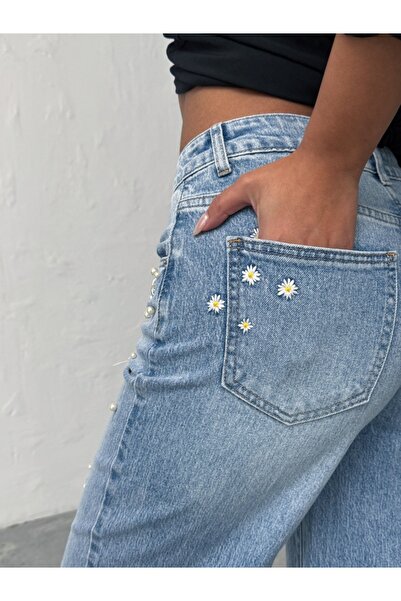 ADAMODA.RO Elastic flared jeans with pearls and floral inserts