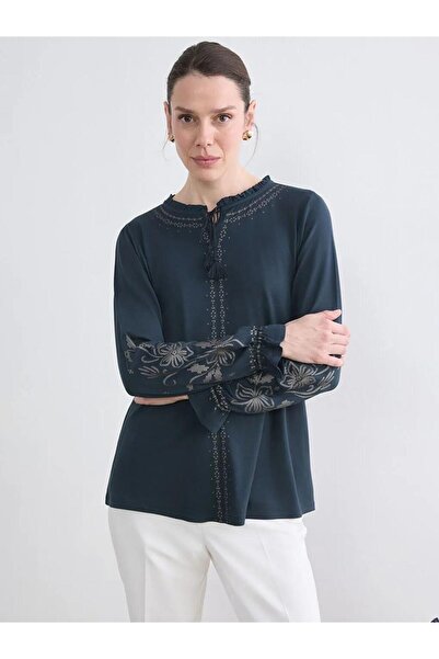 LC Waikiki Black Tie-Neck Ruffled Patterned Blouse (S6)