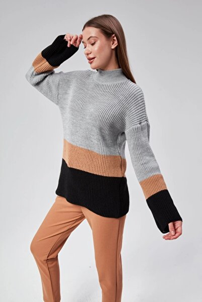 Kırçiçek Women's Thessaloniki Knitted Soft Textured Three-Color Knitwear Tunic