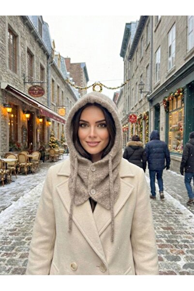 stravis Mink Neck-To-Neck Soft Textured Buttoned Lace-Up Balaclava Model Knit...