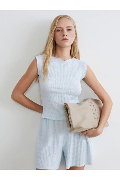 LC Waikiki Blue Crew Neck Textured Blouse (S6)