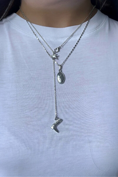 stravis Silver Color Cowboy Boots and Star Charm Necklace Set of 2