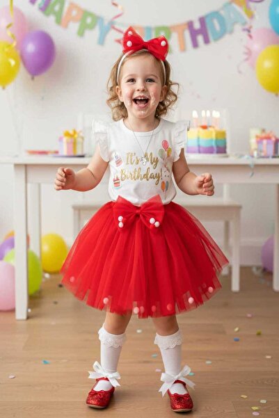 punicha Kız Çocuk Ponponlu Astarlı Kırmızı Tütü Etek