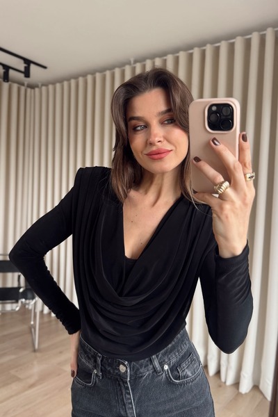 Sue Store Black Degaje Collar Model Blouse