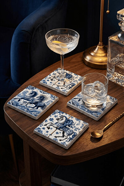 Baumatelier Blue Horse Tile Themed Natural Stone Travertine Coasters Stone Co...