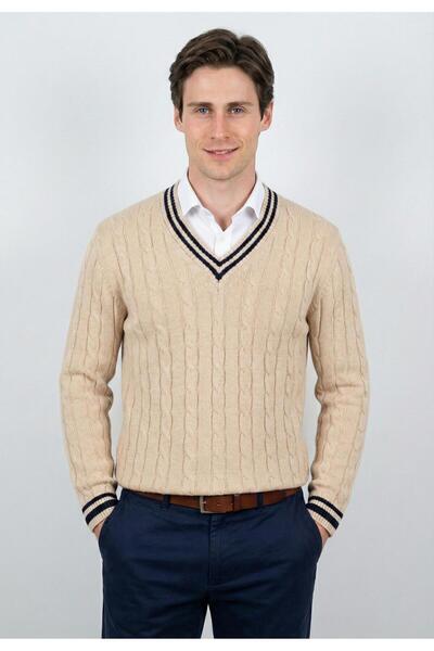 Felix Hardy V-Neck Basic Knitted Patterned Sweater - Beige