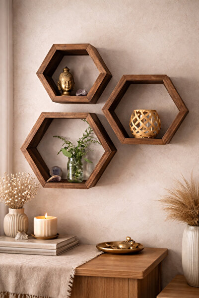 The N Wood Masif Ahşap Altıgen Duvar Rafı – Ceviz Renk Dekoratif Duvar Raf Se...
