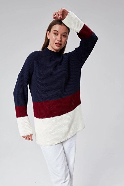 Kırçiçek Women's Thessaloniki Knitted Soft Textured Three-Color Knitwear Tunic