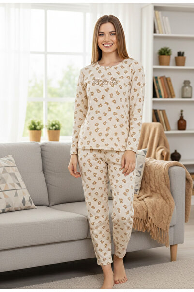 YusGos Γυναικείο σετ πιτζάμες με στάμπα αρκουδάκι, από ύφασμα βάφλας, 100% βα...