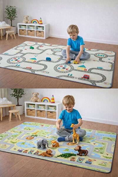 PUREZA Çift Taraflı Rulo Oyun Matı Kaymaz,Darbe Emici, Yeşil Parkur/Araba Yar...