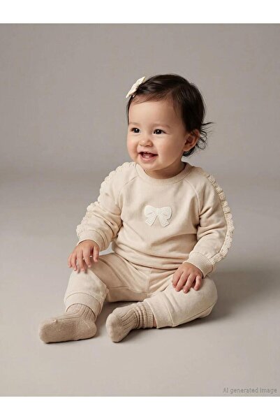 LC Waikiki Beige Lace Detailed Baby Girl Sweatshirt and Sweatpants (S6)