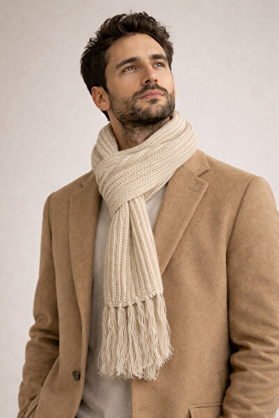 Şirin Giyim Aksesuar Чоловічий шарф трикотажний з бахромою бежевий - зимовий,...