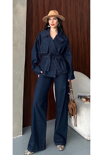 pembekurdelem Women's Oversize Tie-Up Jacket and Pants Denim Set