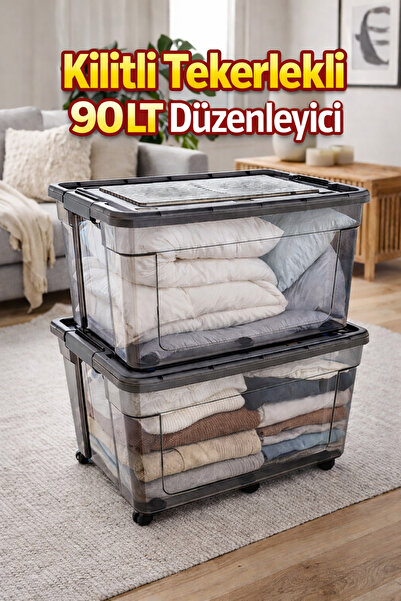 Loremp 90 LT Antrasit Kilitli Tekerlekli Saklama Kutusu 2 Adet Depolama Düzen...