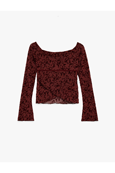 Koton Asymmetrical Cut Long Sleeve Tulle Off-The-Shoulder T-Shirt