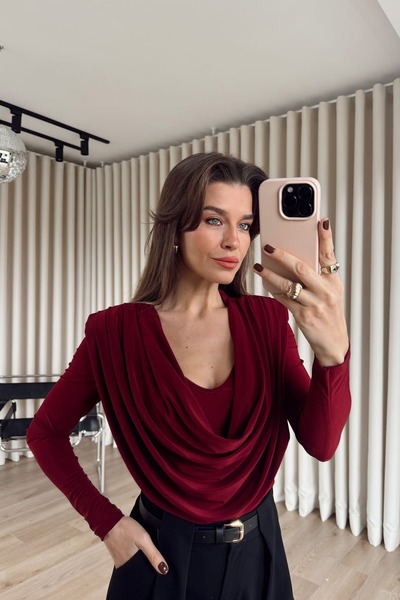 Sue Store Burgundy Degaje Collar Model Blouse