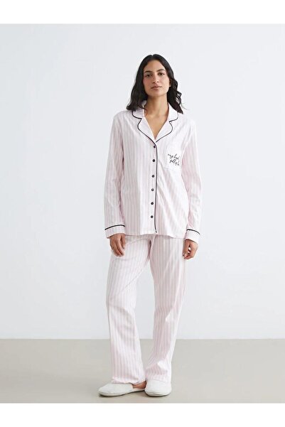 LC Waikiki Ecru Shirt Collar Embroidered Women's Pajama Set (S6)