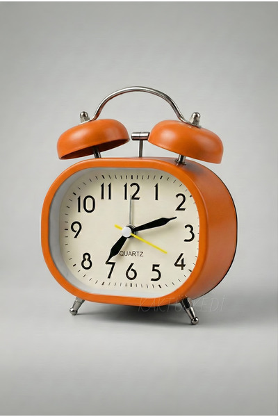 KaktüsKedi Dekoratif Nostaljik Turuncu Retro Çalar Saat - Metal Işıklı Masa S...