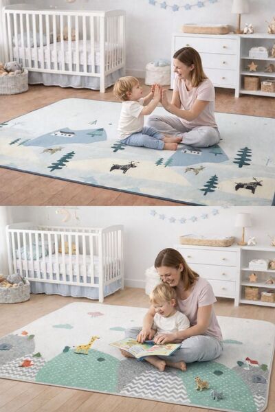 PUREZA Çift Taraflı Rulo Oyun Matı Kaymaz,Darbe Emici, Geyik Vadisi/Bulutlar ...