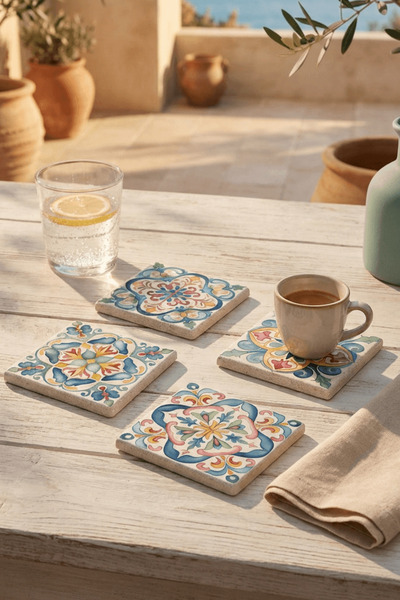 Baumatelier Vintage Blue Tile Pattern Natural Stone Travertine Coasters Stone...