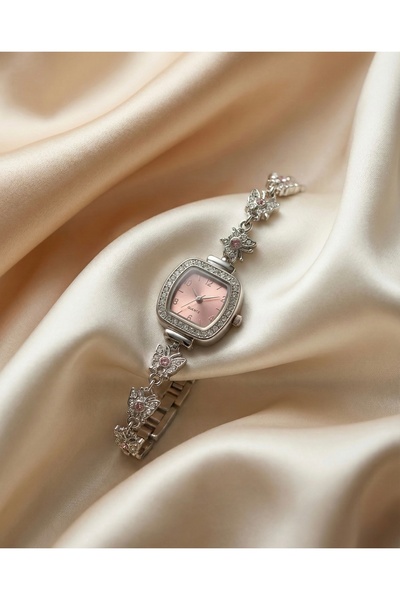 KLISHE Butik Kadın Çelik Saat Taşlı Hareketli Kelebek Detaylı Pembe Kadran Za...