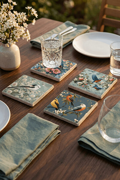 Baumatelier Colorful Bird Themed Natural Stone Travertine Coasters Set of 4