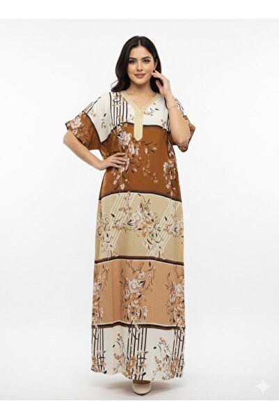 Comfort Women Floral Brown Maxi Jalabiya with Printed Panels Modest Casual Wear