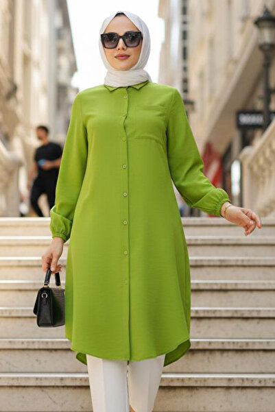 N.S NEVA STYLE Buttoned Oil Green Hijab Tunic 30293Yy