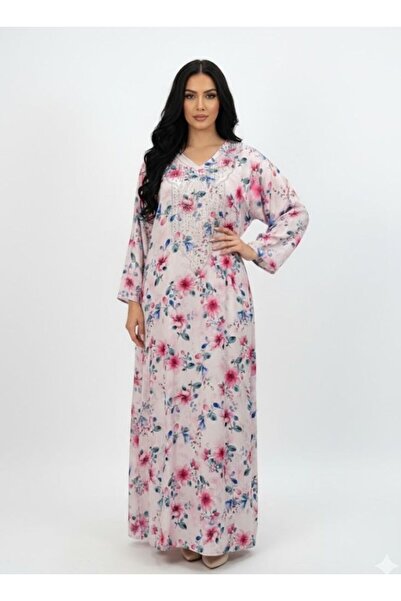 Comfort Women Pink Floral Maxi Jalabiya with V Neck Design and Full Length Fit