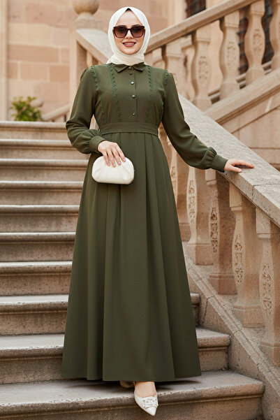 N.S NEVA STYLE Belted Khaki Hijab Dress 10308Hk