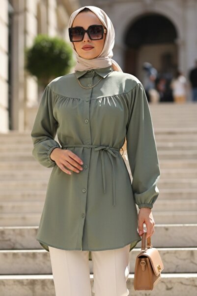 N.S NEVA STYLE Buttoned Green Hijab Tunic 10184Cy