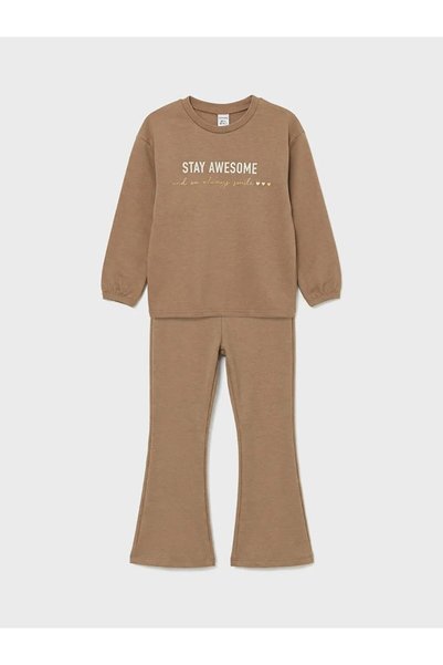 LC Waikiki Brown Crew Neck Printed Baby Girl Sweatshirt and Leggings (S6)