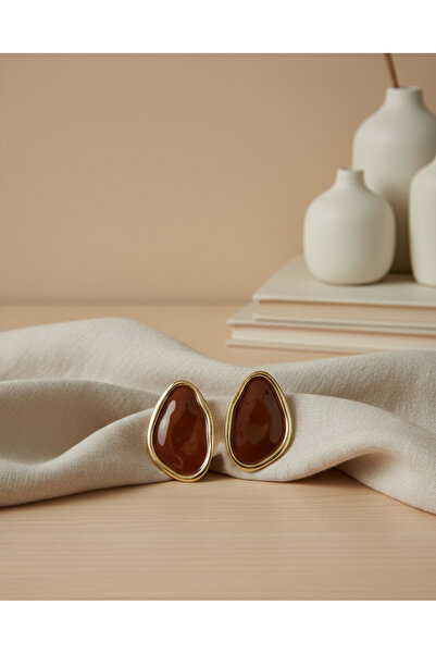 SURIA Kadın Kahverengi Oval Yuvarlak 14K Altın Kaplama Gold Küpe