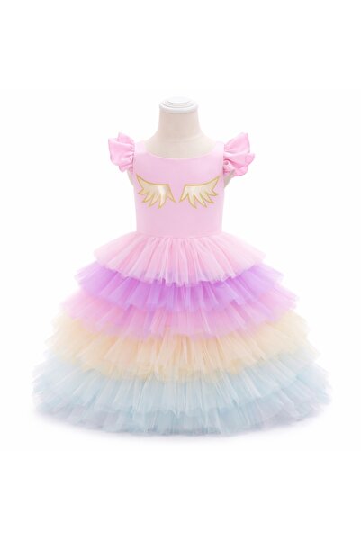 kizu Pastel Satin Dress for Girls with Tulle Skirt and Golden Wings - Elegant...