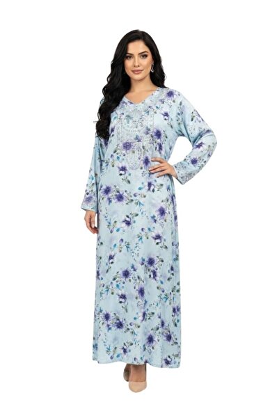 Comfort Sky Blue Floral Maxi Jalabiya for Women with Long Sleeves Elegant Fall