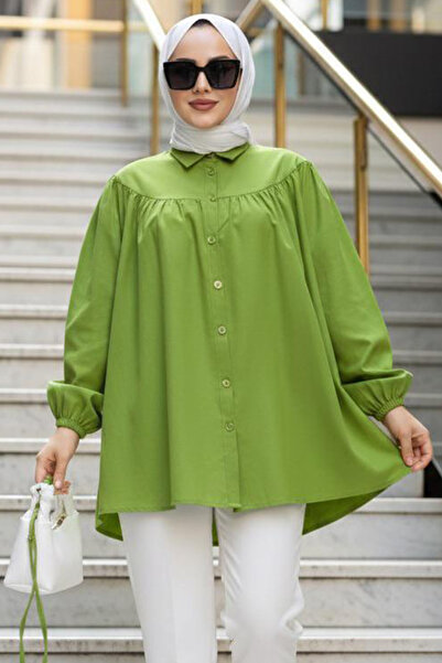N.S NEVA STYLE Buttoned Green Hijab Tunic 10184Y