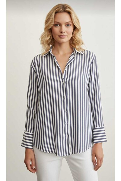 Hafel Kadın Çizgili Oversize Gömlek Lacivert