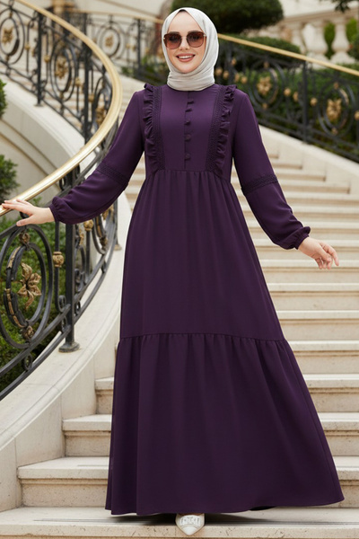 N.S NEVA STYLE Ruffle Detailed Purple Hijab Dress 10318Mor