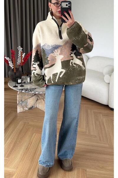 afran collection KAHVERENGİ DESENLİ YARIM FERMUARLI CEPLİ İÇİ POLARLI PELUŞ O...