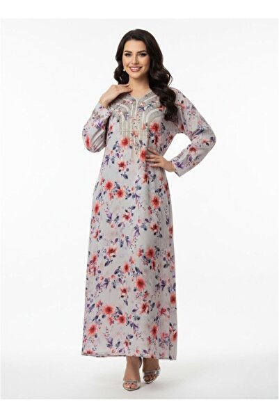 Comfort Women Floral Print Maxi Jalabiya with Embroidered Yoke and Long Sleeves