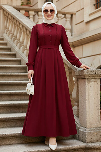 N.S NEVA STYLE فستان حجاب بحزام باللون العنابي 10308BR