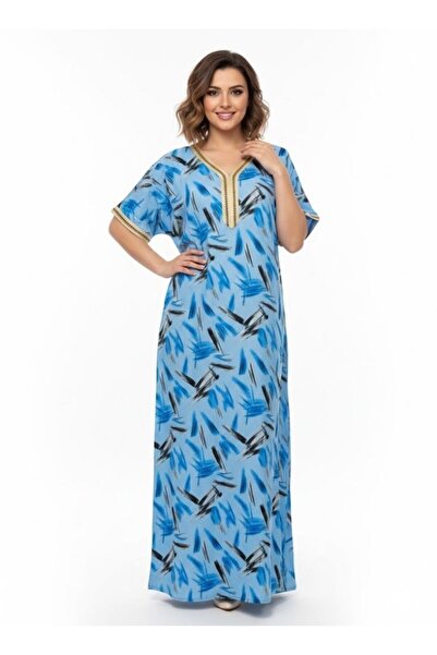 Comfort Women Sky Blue Printed Maxi Jalabiya with Elegant V Neck Design