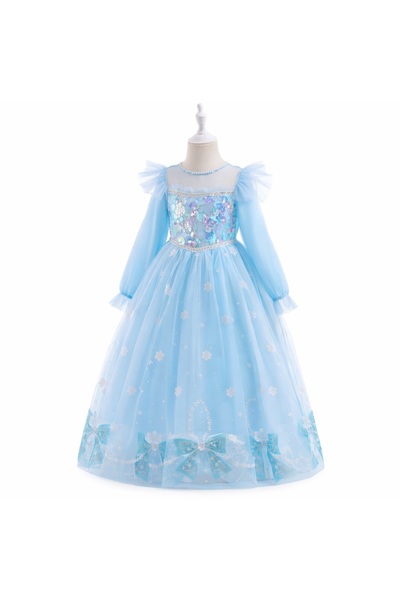 kizu Blue Satin Dress for Girls with Long Sleeves and Shiny Tulle – Elegant M...