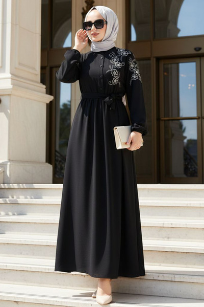 N.S NEVA STYLE Black Hijab Dress with Belt 30550S