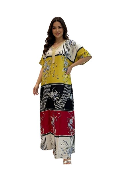 Comfort Women Yellow Multi Color Floral Maxi Jalabiya Loose Fit Long Dress Da...