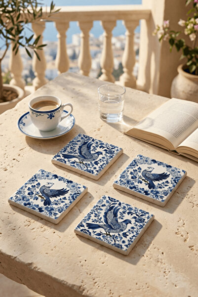 Baumatelier مجموعة من 4 قواعد أكواب حجرية من الترافرتين بنمط الطيور الزرقاء، ...