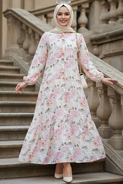 N.S NEVA STYLE Floral Patterned Pink Hijab Dress 63401P