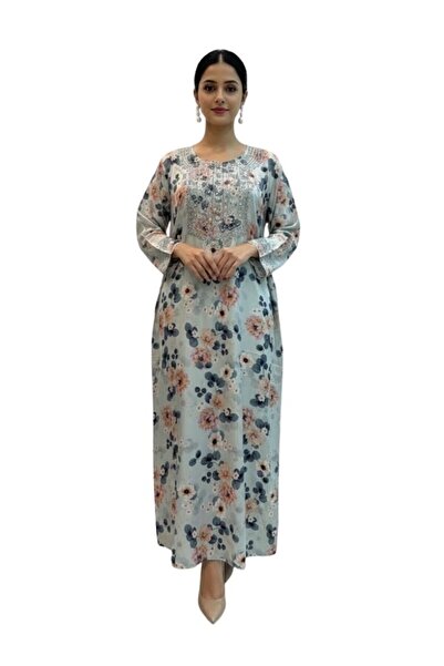 Comfort Sea Blue Floral Jalabiya Comfortable Modest Maxi with Long Sleeves